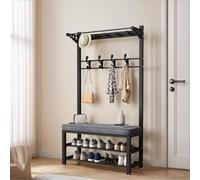 QYMYOZ Entryway Hall Tree Coat and Shoe Rack with Bench Metal Frame Sponge Cushion 2 Tier Shoe Rack 9 Hooks Space Saving Organizer for Home & Office (Black 80cm)