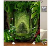 QYSaiXuan Shower Curtain for Garden/Bathroom/Wet Room, Jungle Forest Green Trees Bamboo Plank Road Scenery,Outdoor Shower Curtain,Waterproof Polyester Fabric, Weighted Hem, with 12 Hooks
