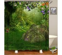 QYSaiXuan Shower Curtain for Garden/Bathroom/Wet Room, Jungle Forest Green Trees Bamboo Plank Road Scenery,Outdoor Shower Curtain,Waterproof Polyester Fabric, Weighted Hem, with 12 Hooks