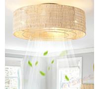 QYSMGS Boho Caged Ceiling Fan with Lights and Remote Flush Mount Low Profile Rattan Ceiling Fans with Lights 6 Speeds for Bedroom Nursery Living Room
