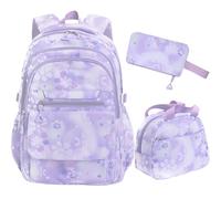 QYTFOA Kids Backpack for Girls Flower schoolbag with Lunch Bag & Pen Case Waterproof Girl Bookbag for Elementary school, purple, L, Cute Flower and Waterproof Floral