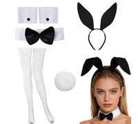 QyueQyat 6 Pcs White Rabbit Costume Set, Bunny Costume Outfit for Women, Bunny Ears Headband with Tail and Collar, Black Bunny Attire with Fishnet Accessories, Theatrical Dress Up Ensemble