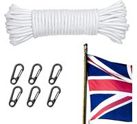 QyueQyat Flag Pole Rope with Flag Pole Clip, 50FT/ 16M Nylon with 6 Pcs Flag Pole Clip Hooks, Flag Pole Halyard Rope Kit, Nylon Cord for Outdoor, Camping, Swing, Clothesline, Garden(White)