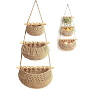 QYVFLIZ Hanging Fruit Basket,3 Layer Handmade Jute Wall Hanging Water Fruit Basket for Organizing for Kitchen Decor, Living Room, Bathroom, Bedroom