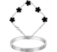 QYWXJL New 2025 18K Gold Plated Bracelets For Women-2Pcs Love Cubic Zirconia Lucky Five Leaf Link Dainty Bangle Stack Jewelry Set Gift Fashion Trendy Accessories Creative