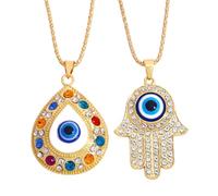 QYYZTHX 2 Pieces/set Crystal Water Drop Evil Eye Necklace For Women Big Large Hamsa Hand Pendant Necklace Turkish Protection Jewelry Nket61
