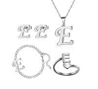 QYYZTQY 4 Pack Stainless Steel Initial Jewelry Sets for Women Silver Rings Bracelet Earrings Pendant Uppercase Choker Chain Ear Studs Jewelry Gift for
