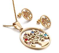 QYYZTQY Colorful Crystal Tree Of Life Stainless Steel Gold Silver Color Christmas Jewelry Earrings Necklace Sets For Women Girl Choker Party