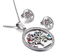 QYYZTQY Colorful Crystal Tree Of Life Stainless Steel Gold Silver Color Christmas Jewelry Earrings Necklace Sets For Women Girl Choker Party