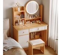 QYYZTQY Compact Makeup Vanity Set Stool White Natural Wood Table with Mirror Stylish and Functional for Bedroom or Dressing Room