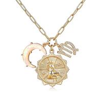 QYYZTQY Gold Sign Coin with Opal Crescent Moon Charm for Women Trendy Girls, Dainty Gold Paperclip Chain 12 Constellation Horoscope s Astrology Jewelry Gifts