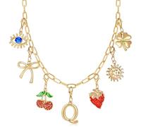 QYYZTQY Initial Charm for Women, Evil Eye Four-Leaf Sun Bow Cherry Strawberry Removable Charms Paper Clip Chain Choker, Trendy Jewelry Birthday for Her (Letter Q),