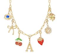 QYYZTQY Initial Charm for Women, Evil Eye Four-Leaf Sun Bow Cherry Strawberry Removable Charms Paper Clip Chain Choker, Trendy Jewelry Birthday for Her (Letter A),