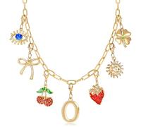QYYZTQY Initial Charm for Women, Evil Eye Four-Leaf Sun Bow Cherry Strawberry Removable Charms Paper Clip Chain Choker, Trendy Jewelry Birthday for Her (Letter O),