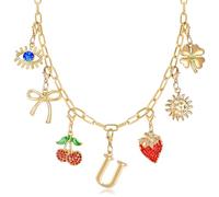 QYYZTQY Initial Charm for Women, Evil Eye Four-Leaf Sun Bow Cherry Strawberry Removable Charms Paper Clip Chain Choker, Trendy Jewelry Birthday for Her (Letter U),