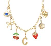 QYYZTQY Initial Charm for Women, Evil Eye Four-Leaf Sun Bow Cherry Strawberry Removable Charms Paper Clip Chain Choker, Trendy Jewelry Birthday for Her (Letter C),