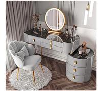 QYYZTQY Lighted Makeup Vanity Desk with Touch Mirror Large Grey Dressing Table Set with Drawers Glass Top Side Cabinet & Chair Solid Wood 100cm/39.3in