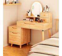 QYYZTQY Lighted Vanity Set with White Nightstand for Bedroom & Living Room Desk with Upholstered Stool & Mirror - Wood Color Finish