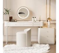 QYYZTQY Makeup Vanity Desk Round Mirror Solid Wood Dressing with Drawers and Adjustable Lights White Table Legs 100cm Size.