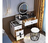 QYYZTQY Makeup Vanity Set Wireless Charging Bluetooth Speaker Drawers Nightstand Stool - Stylish White Dressing Table with Round Mirror for Bedroom