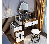 QYYZTQY Makeup Vanity Set with Wireless Charging Bluetooth Speaker Illuminated Mirror Drawers Nightstand Stool - Stylish Dressing Table for Bedroom White Cloudmirror