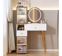 QYYZTQY Mid-Century Makeup Vanity Drawers Round Mirror Slim Storage Cabinet with Glass Door for Bedroom 60cm White Dressing Table