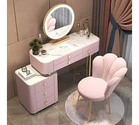 QYYZTQY Pink Dressing Table Set for Girls Solid Wood Desk with Slate Top, Drawers, Side Cabinet, Flower-Shaped Chair Chic Makeup Mirror - 31.5” Vanity Furniture