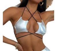 QYYZTQY Star Rave Tops Women Leather Criss Cross Cami Tie Bra Halter Wrap Around Bandeau Crop Top Shiny Strappy Party Top