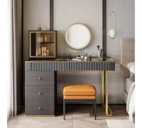 QYYZTQY Vanity Dressing with Light Stool and Charging Station Easy Assembly 5 Drawers Tempered Glass Table Top Mid Century Style Makeup Desk,Walunt,Walunt