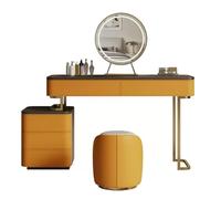QYYZTQY Vanity Table Set, 3-Color Touch Screen Dimmable Mirror, 3 Drawers Side Cabinet, Gold-Plated Stainless Steel Legs, with Cushioned Stool Bedroom Dressing Table,Orange,47x17.7x29.5in