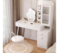 QYYZTQY Vanity with Lights Mirror White Drawer Makeup Desk Wooden Dressing Table for Bedroom Includes Acrylic Chair x 157.5 cm