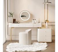 QYYZTQY White Desk Round Mirror Solid Wood Makeup Table with Drawers Adjustable Vanity Lights and Gold Legs 80cm