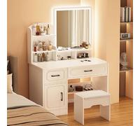 QYYZTQY White Makeup Vanity Set with Drawers Wooden Dressing Table and Stool Square Mirror Compact Bedroom Furniture for Small Spaces