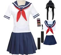 QYZ Ayano Aishi Cosplay Costume Yandere Simulator Cosplay Japanese School Uniform Women's Sailor Suit Halloween Set (White+wig, Medium)
