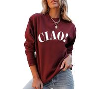 QYZ-Top Ciao Italian Hello Pullover - Womens Casual Long Sleeve Letter Italian Goodbye Graphic Sweatshirt Tops, Wine Red3, XXL