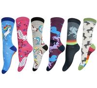 QZ FASHION 6 Pairs Ladies Girls Unicorn Dolphin Print Beautiful Socks Bright Colours Size 4-7