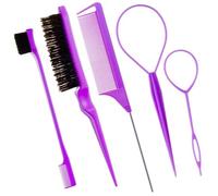 QZ Mall 5Pcs Slick Back Hair Brush Set with 1Pcs Bristle Teasing Hair Brush 1 Edge Brush 1Pcs Rat Tail Comb 2Pcs Topsy Hair Tail Tool,Woman,Girls,Hair Flyaways Styling,Edge&Back Combing Purple