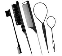 QZ Mall 5Pcs Slick Back Hair Brush Set with 1Pcs Bristle Teasing Hair Brush 1 Edge Brush 1Pcs Rat Tail Comb 2Pcs Topsy Hair Tail Tool,Woman,Girls,Hair Flyaways Styling,Edge&Back Combing Biack