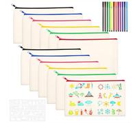 Qzakce Blank Canvas Zipper Bags 12 Pcs Blank Fabric Pencil Cases with 12 Color Pen and Templates for DIY Painting Party Gifts Art Class Travel Cosmetic Organizer