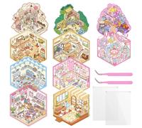 QZDAFFIC 10 Sets Fun 3D Sticker Scene Stickers with Tweezers, DIY 3D House Stickers with 2Pcs Storage Bags for Adults, Cute Cartoon Miniature Scene, Make Your Own Stickers Bakery Restaurant Party