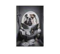 QZFNCOYU Bulldog Sitting on Toilet Reading Newspaper Funny Dog Photos Animal Art Posters Canvas Poster Bedroom Decor Landscape Office Room Decor Gift 12x18inch(30x45cm)