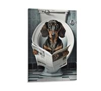 QZFNCOYU Dachshund Sitting on Toilet Reading Newspaper Funny Vintage Style Animal Funny Dog Animal Art Poster Canvas Poster Bedroom Decor Landscape Office Room Decor Gift 16x24inch(40x60cm)