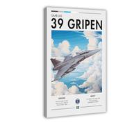QZFNCOYU Saab JAS 39 Gripen Fighter Jet Canvas Poster Bedroom Decor Landscape Office Room Decor Gift 12x18inch(30x45cm)