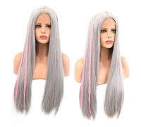 QZH Wigs Europe and The United States Front lace Light Gray in The Long Straight Hair Two Pink Hair Fashion Chemical Fiber Wig high Temperature Silk Breathable Wig Set