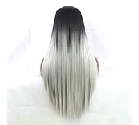 QZH Wigs European and Wig Ladies Long Hair Straight Hair Gradient Black Dyed Silver Gray Wig 70 cm