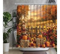 QZJDX Fall Thanksgiving Shower Curtain for Bathroom Autumn Harvest Pumpkin Scarecrow Sunflowers Wood Fence Countryside Farm Scence Decor Polyester Fabric Bath Curtains 70"x70"