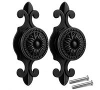 QZKJQDD Cupboard Door Knobs, 2 x Antique Black Cupboard Handles with Plates | Zinc Alloy, Matte Black, 73.5 x 30 mm, 31 mm Floral Knob, Single-Hole Fit for Kitchen Cabinets, Drawers, Wardrobes & Dressers