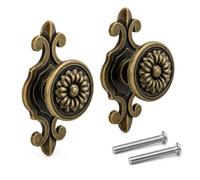 QZKJQDD Cupboard Door Knobs, 2 x Antique Brass Cupboard Handles with Plates | Zinc Alloy, 73.5 x 30 mm Backplates, 31 mm Floral Knobs, Single-Hole Fit for Kitchen Cabinets, Drawers, Wardrobes & Dressers