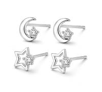 QZKJQDD Helix Piercing Jewellery, Helix Jewellery, 2-Pair Star & Moon Studs | Silver-Coloured Copper, Electroplated Finish, Clear Stone Accents, Petite 1.4 x 0.6 cm, Daily Wear, Parties