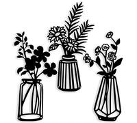 Qzmaikoo 3 Pieces Black Metal Flowers Wall Decor Vase Art Sculptures Hanging for Indoor Kitchen Bathroom Dining Room Patio, 14.56x7.48 Inches